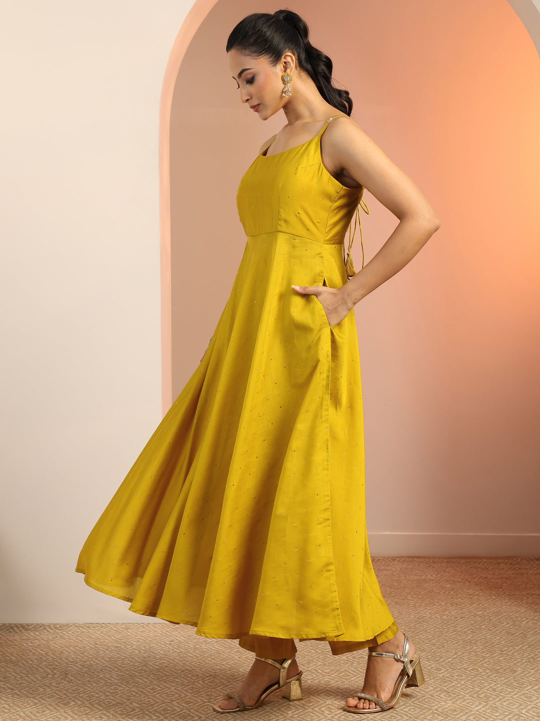  Mustard Embellished Silk Blend Anarkali Suit Set With Dupatta 