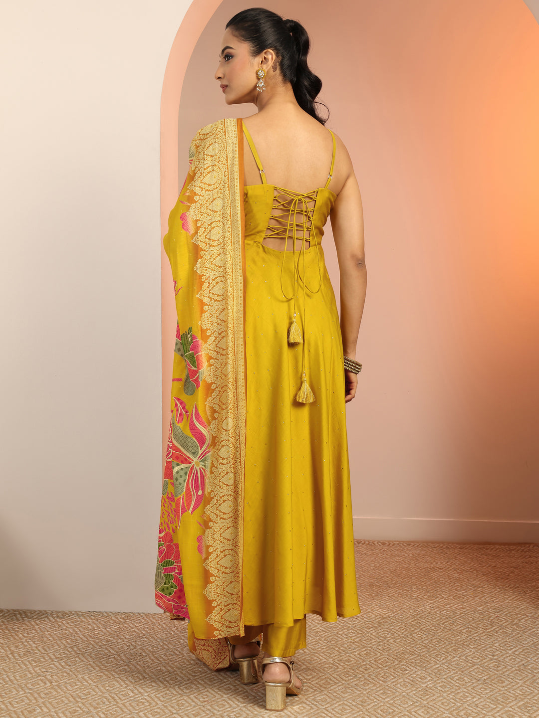  Mustard Embellished Silk Blend Anarkali Suit Set With Dupatta 