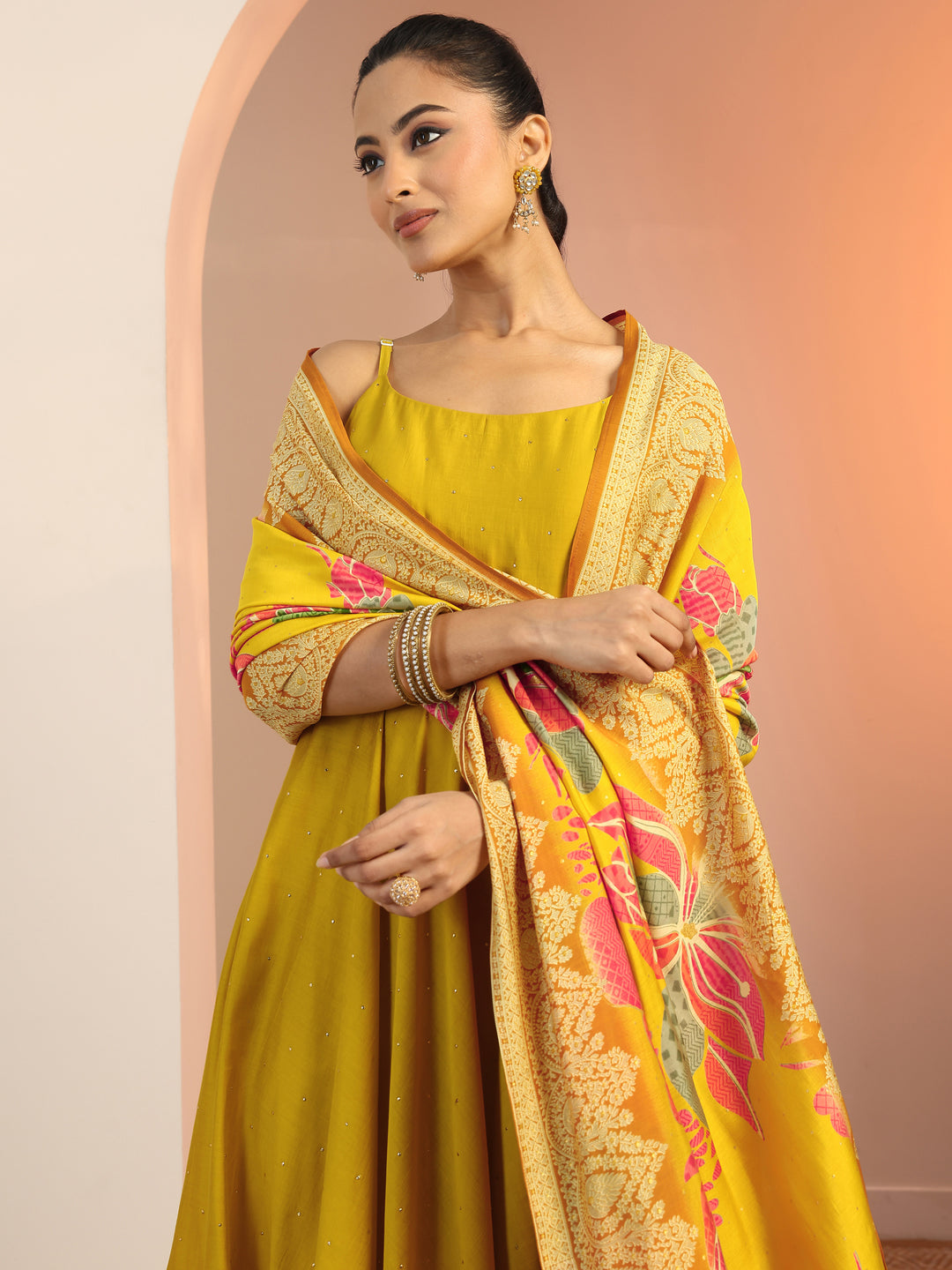  Mustard Embellished Silk Blend Anarkali Suit Set With Dupatta 