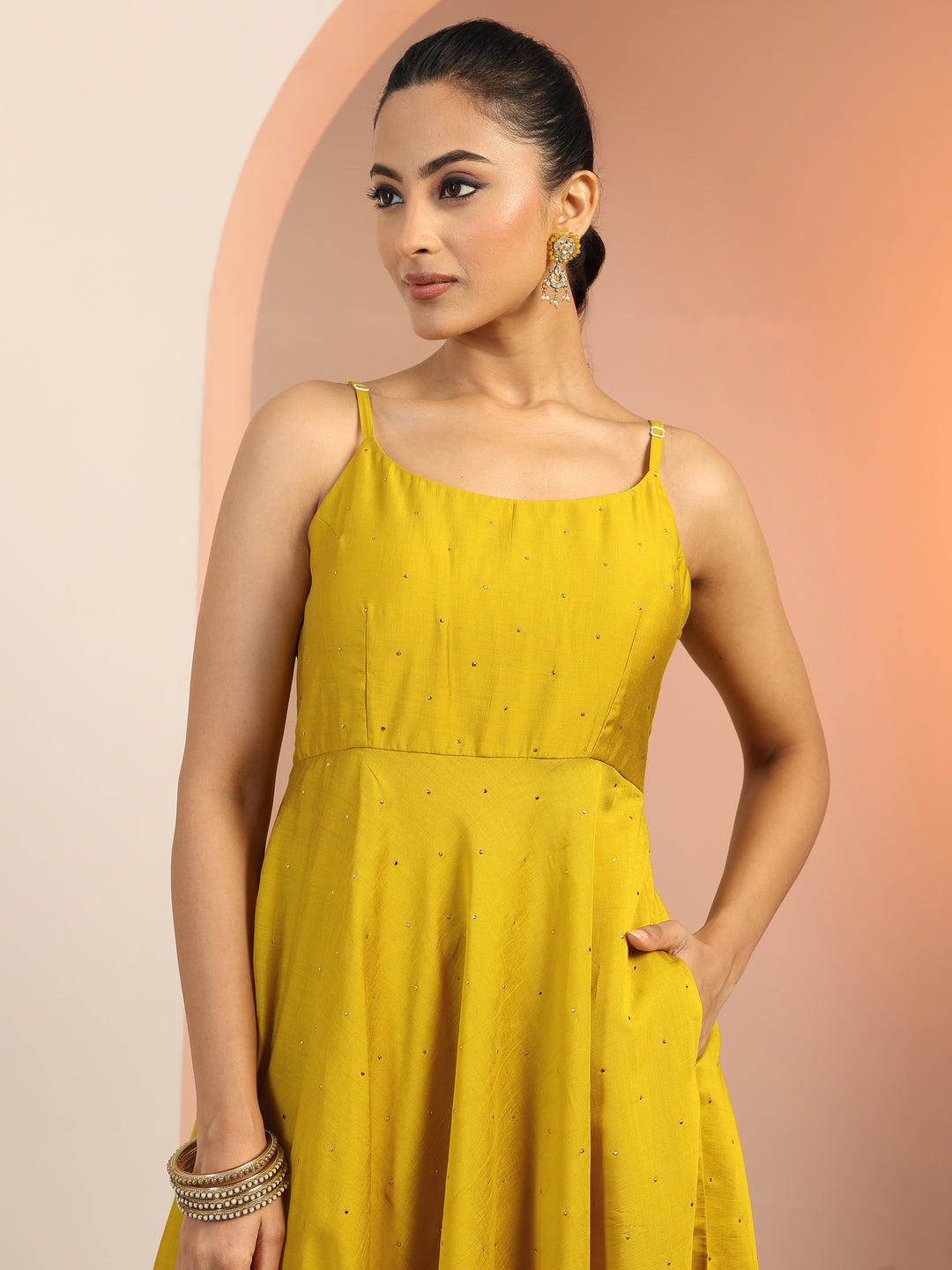  Mustard Embellished Silk Blend Anarkali Suit Set With Dupatta 