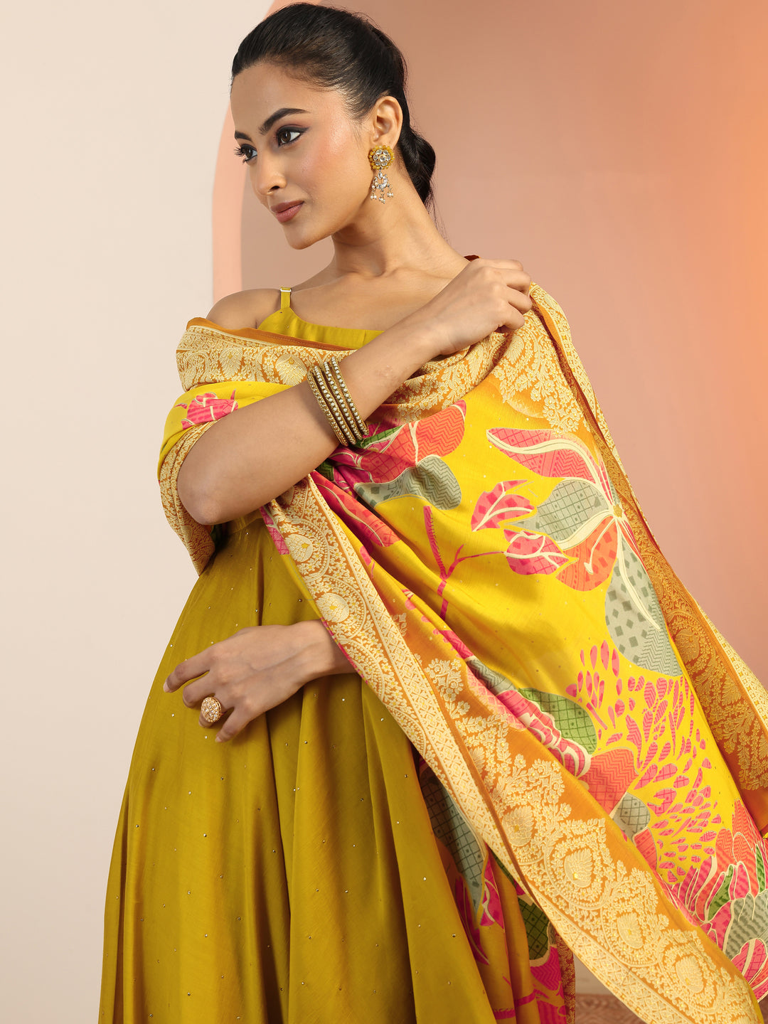  Mustard Embellished Silk Blend Anarkali Suit Set With Dupatta 
