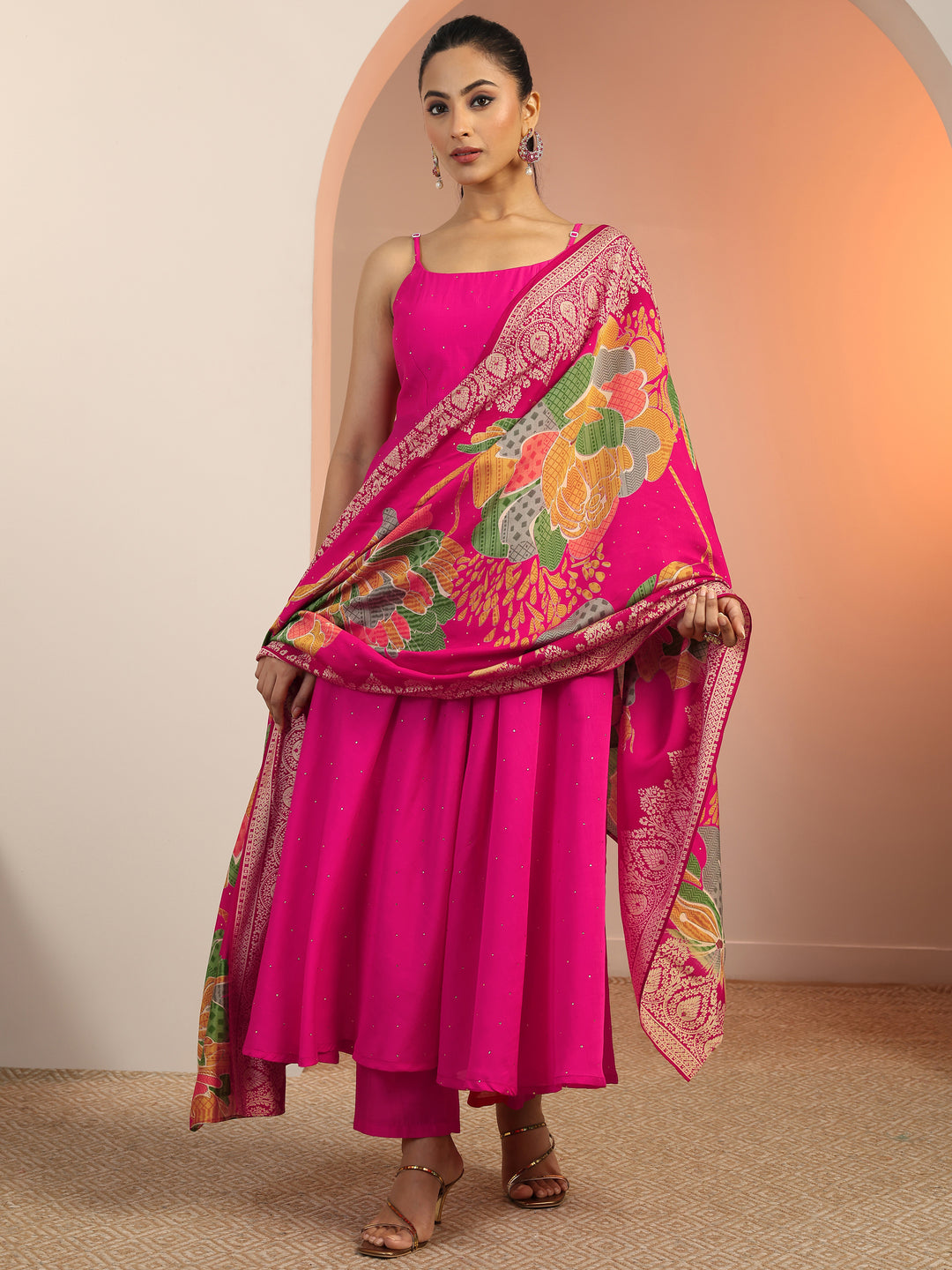  Pink Embellished Silk Blend Anarkali Suit Set With Dupatta 