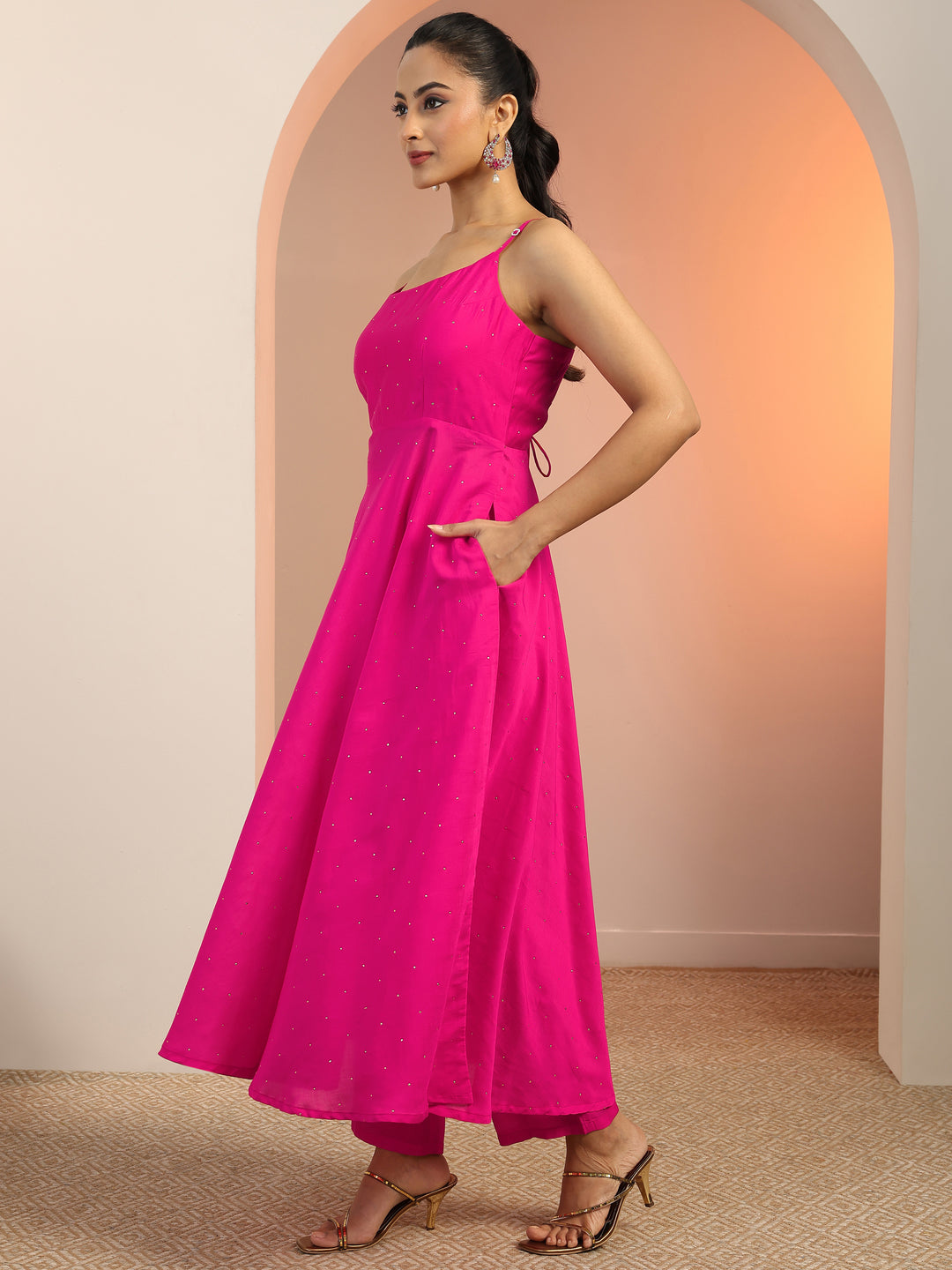  Pink Embellished Silk Blend Anarkali Suit Set With Dupatta 