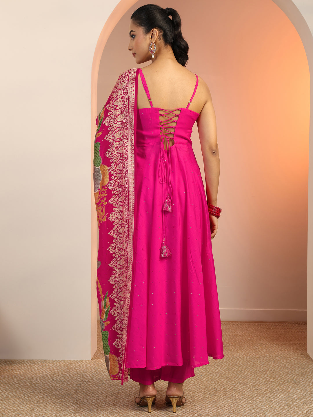  Pink Embellished Silk Blend Anarkali Suit Set With Dupatta 