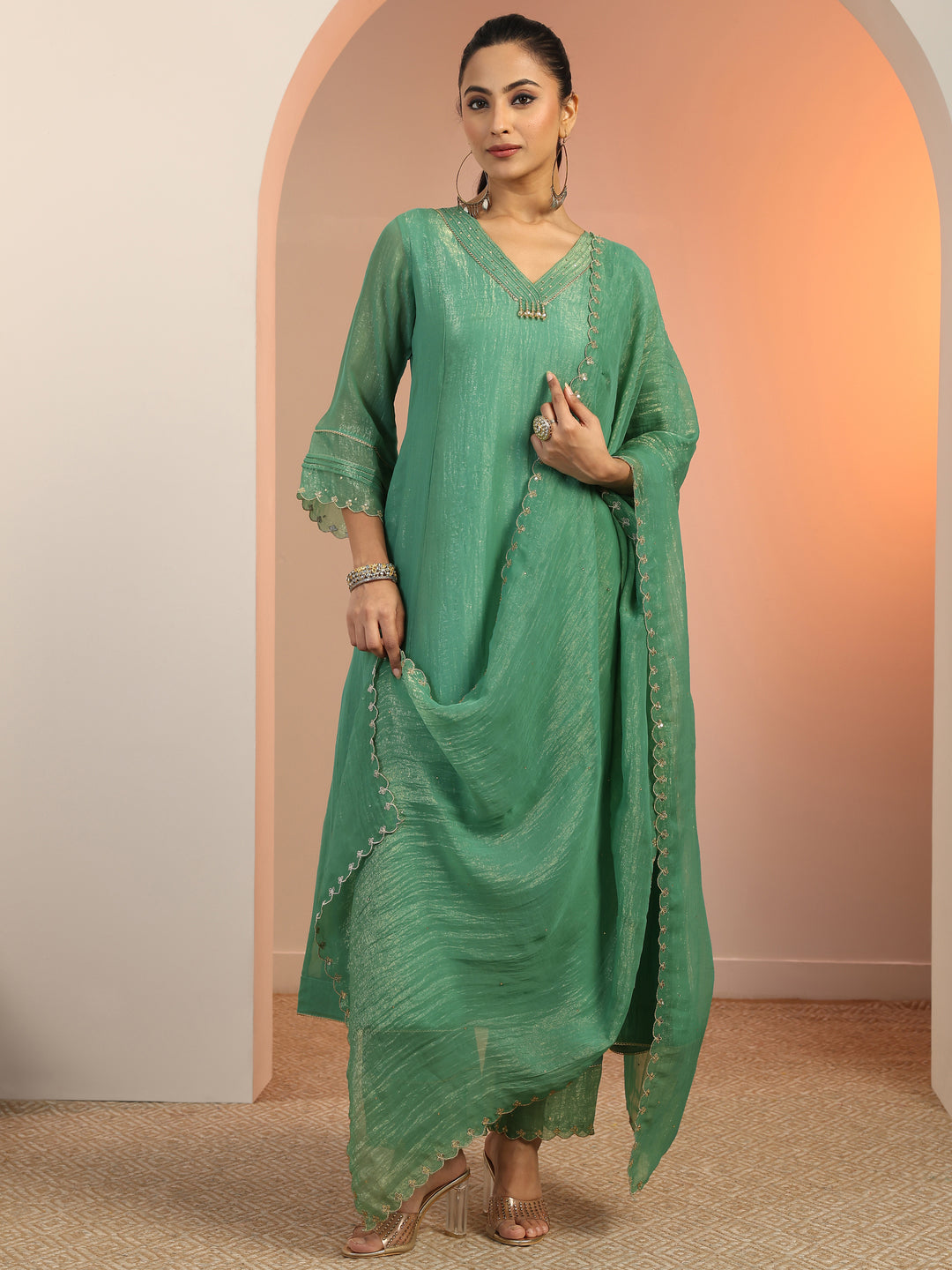  Green Solid Silk blend A-Line Suit Set With Dupatta 