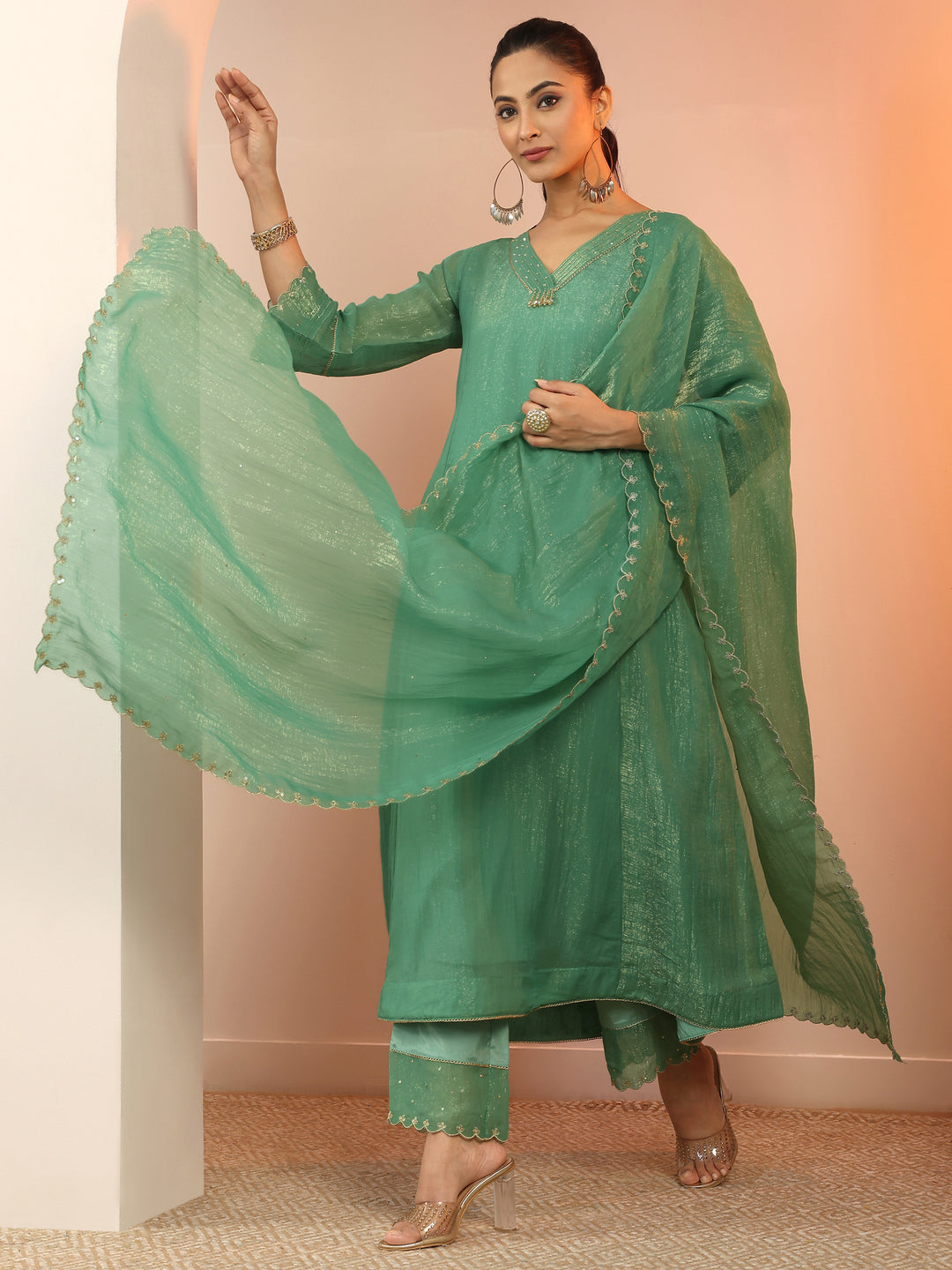 Green Solid Silk blend A-Line Suit Set With Dupatta