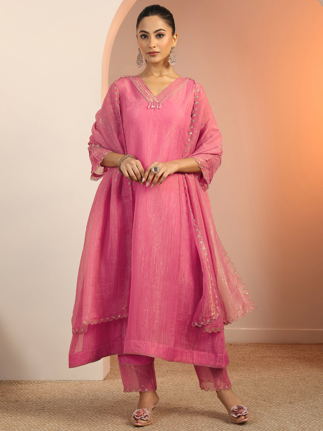  Peach Solid Silk blend A-Line Suit Set With Dupatta 