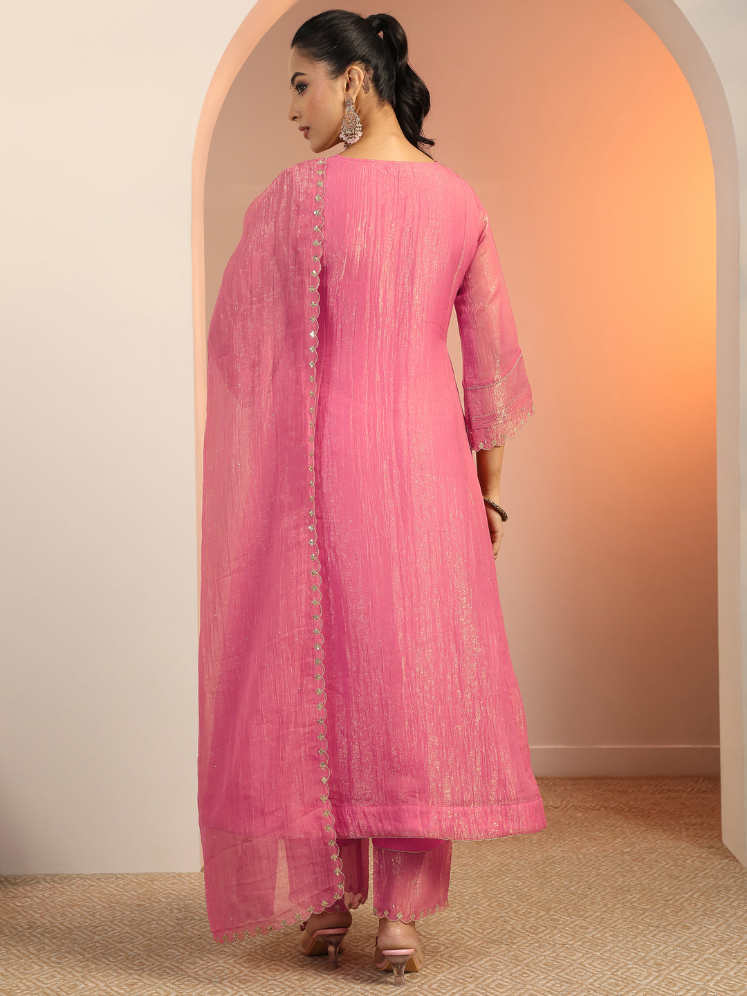  Peach Solid Silk blend A-Line Suit Set With Dupatta 