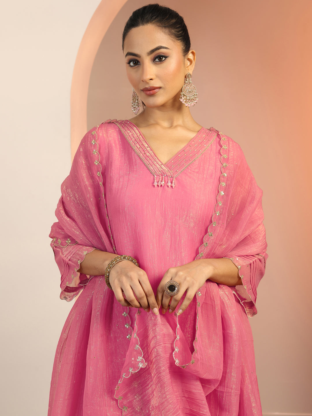  Peach Solid Silk blend A-Line Suit Set With Dupatta 