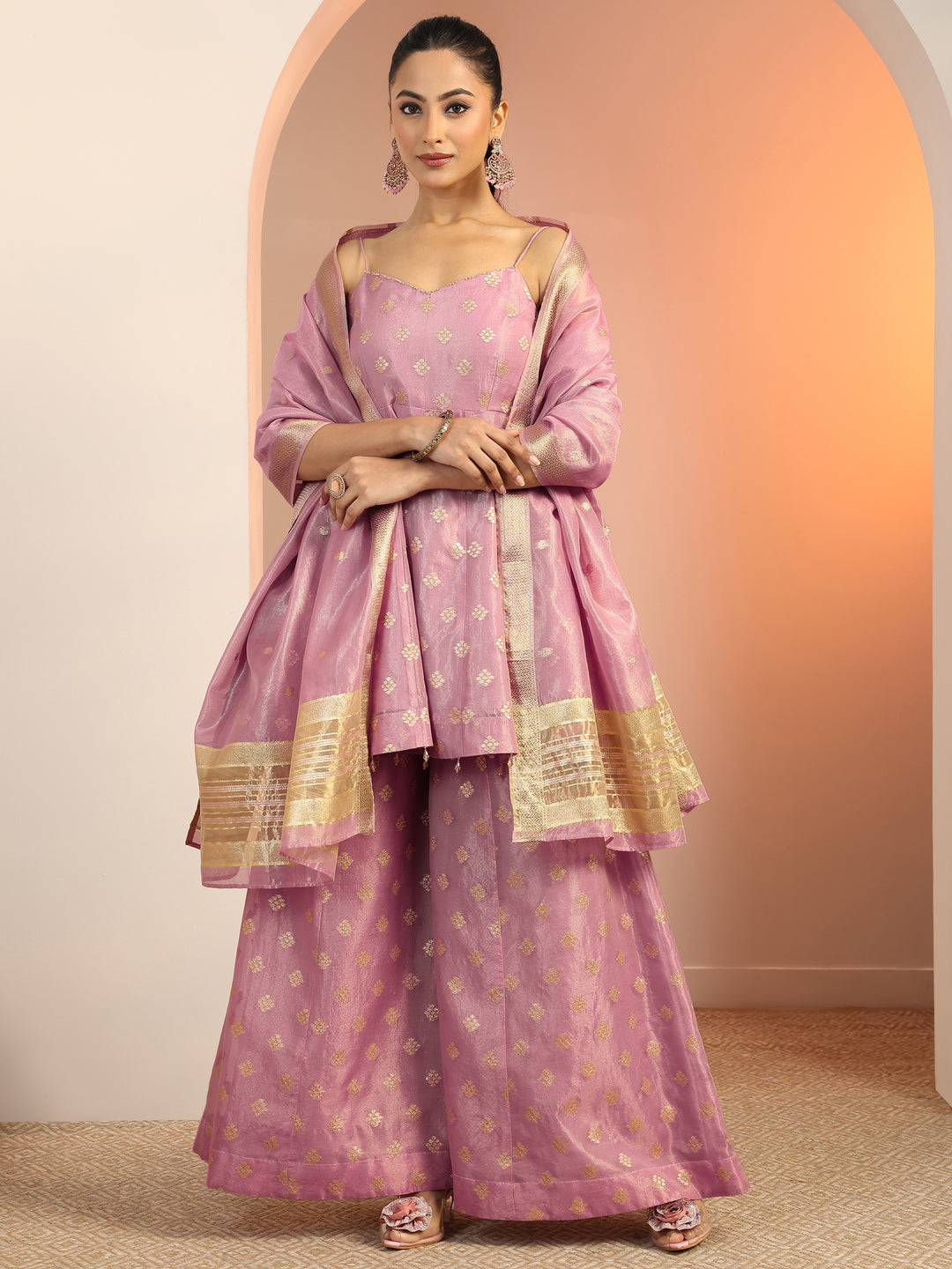  Lavender Woven Design Silk blend Anarkali Suit Set With Dupatta 