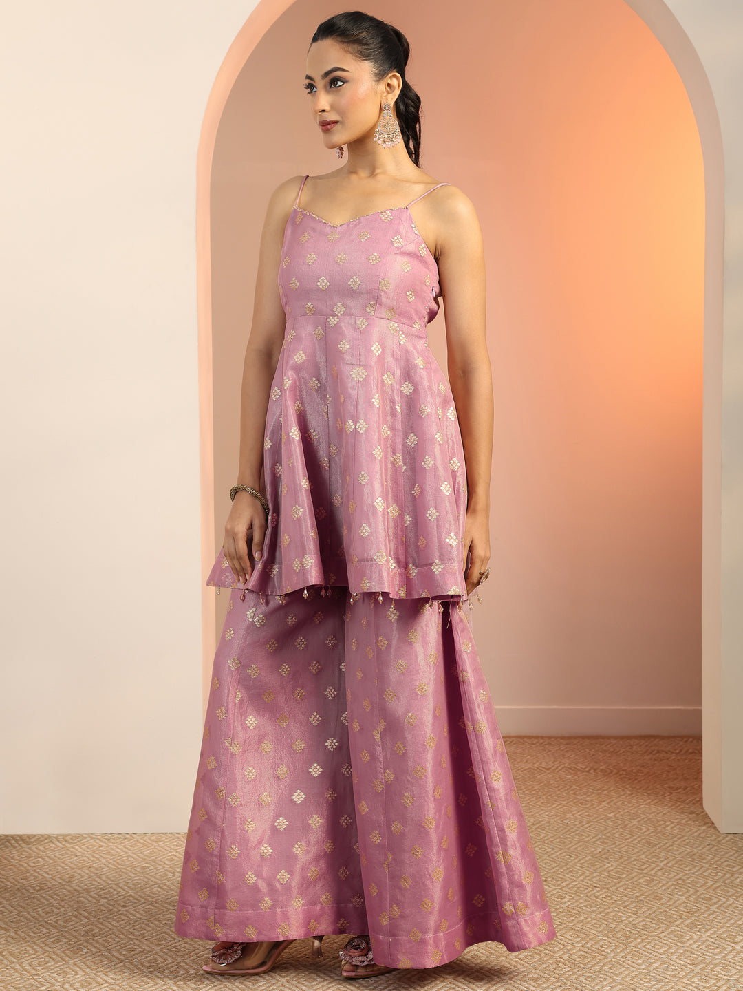  Lavender Woven Design Silk blend Anarkali Suit Set With Dupatta 