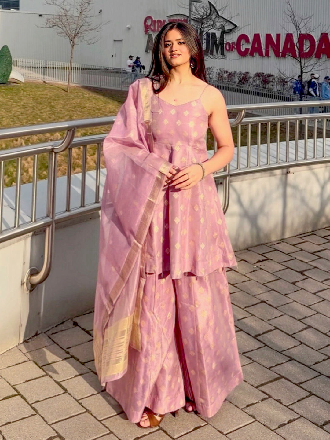 Lavender Woven Design Silk blend Anarkali Suit Set With Dupatta