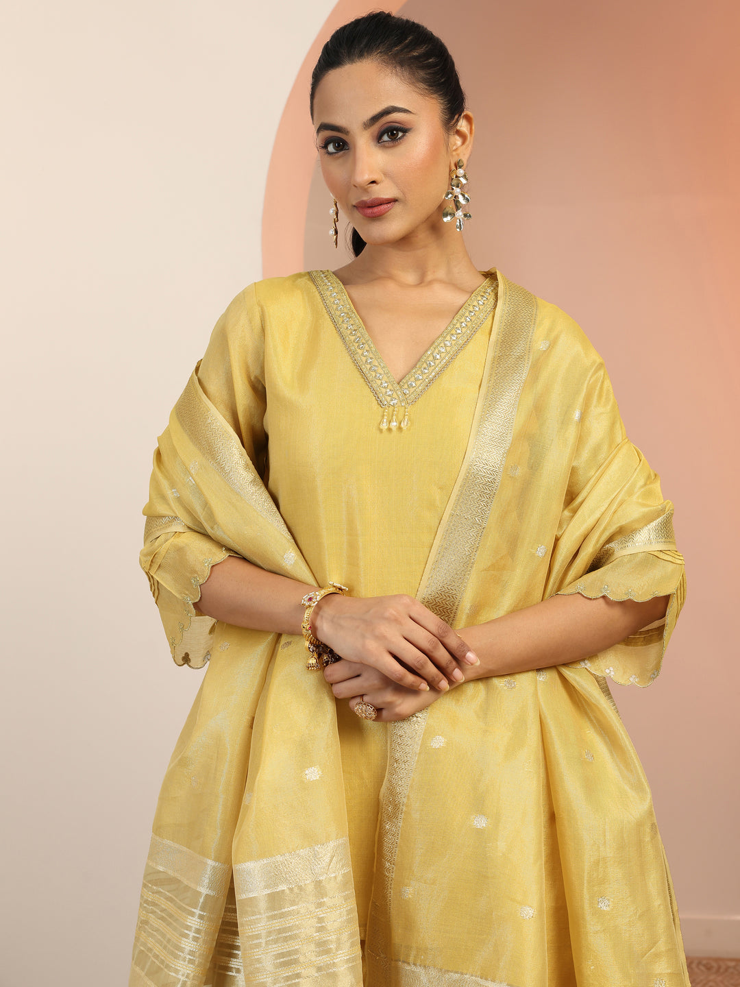  Yellow Solid Silk blend Straight Suit Set With Dupatta 