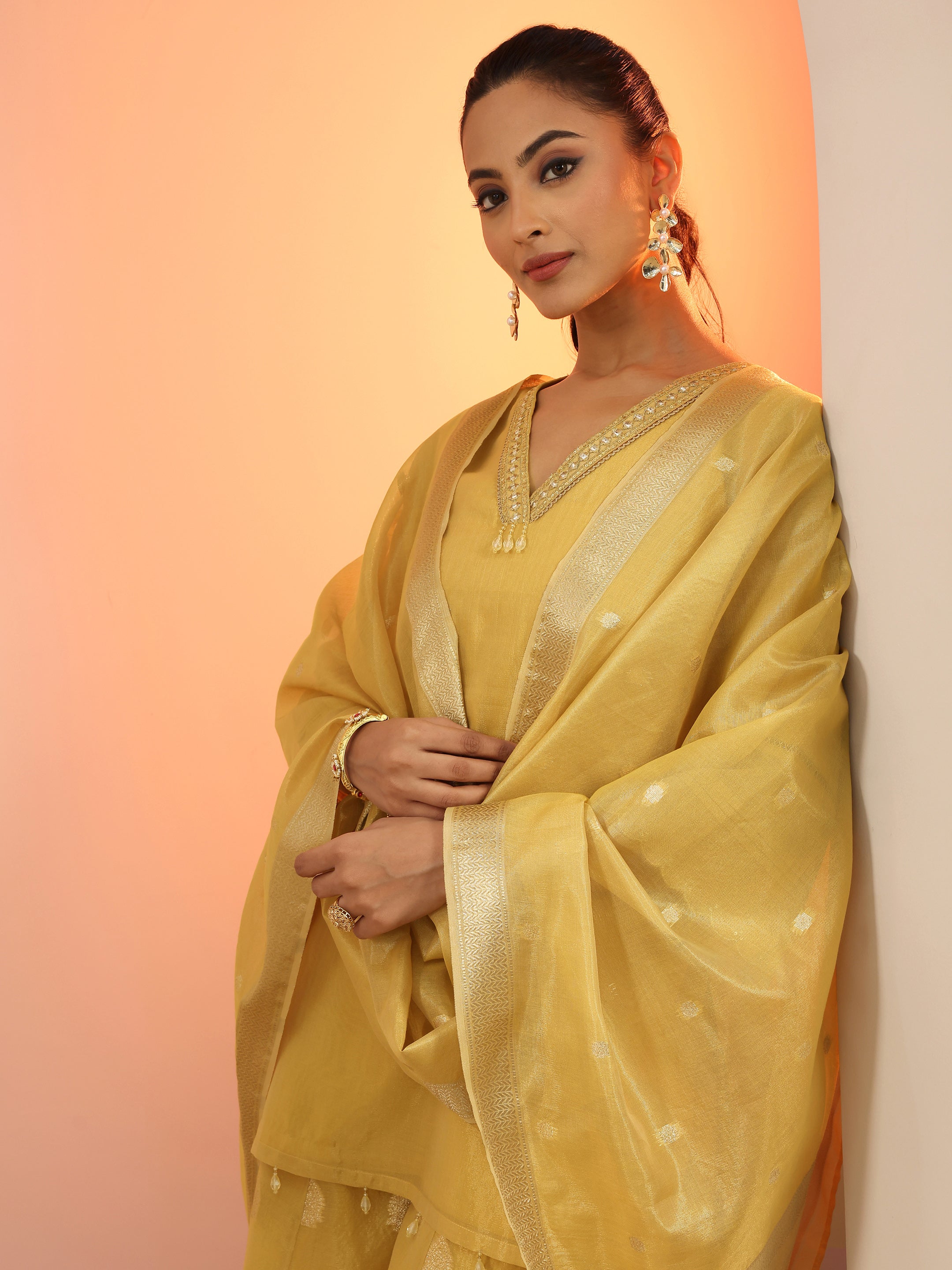 Yellow Solid Silk blend Straight Suit Set With Dupatta-image-13