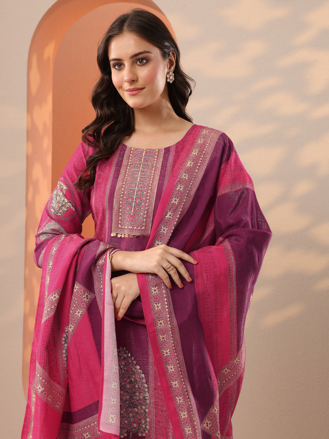  Pink Printed Silk Blend Straight Suit Set With Dupatta 