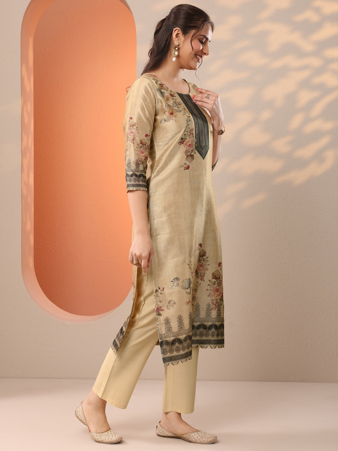  Beige Printed Silk Blend Straight Suit Set With Dupatta 