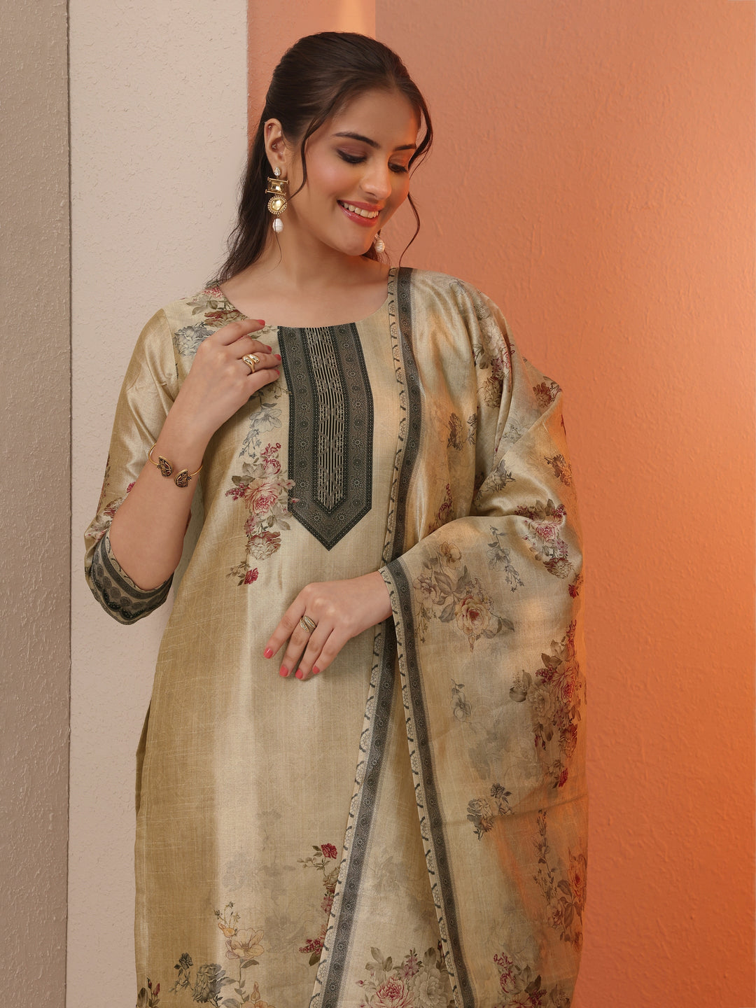  Beige Printed Silk Blend Straight Suit Set With Dupatta 
