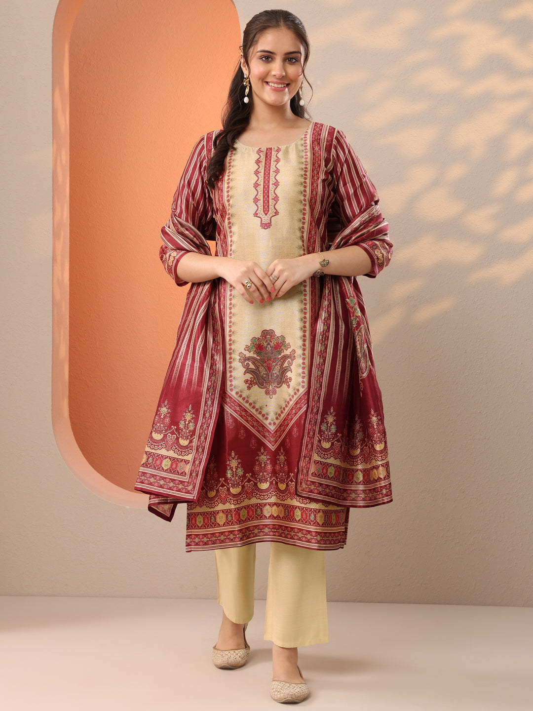  Beige Printed Silk Blend Straight Suit Set With Dupatta 