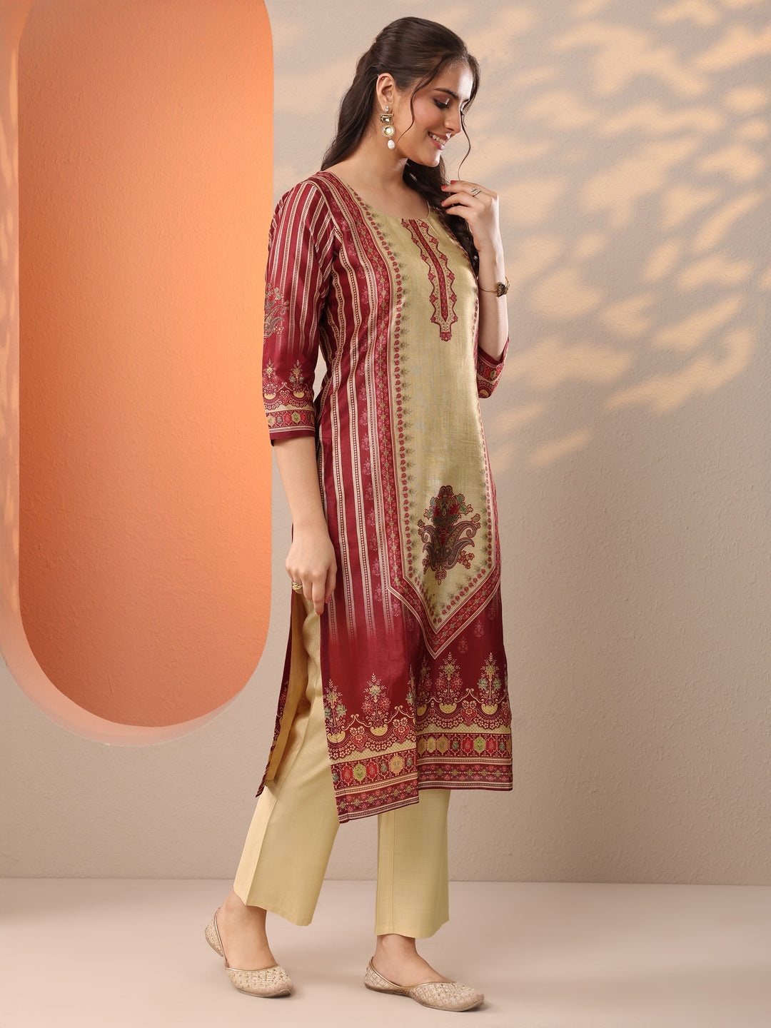  Beige Printed Silk Blend Straight Suit Set With Dupatta 
