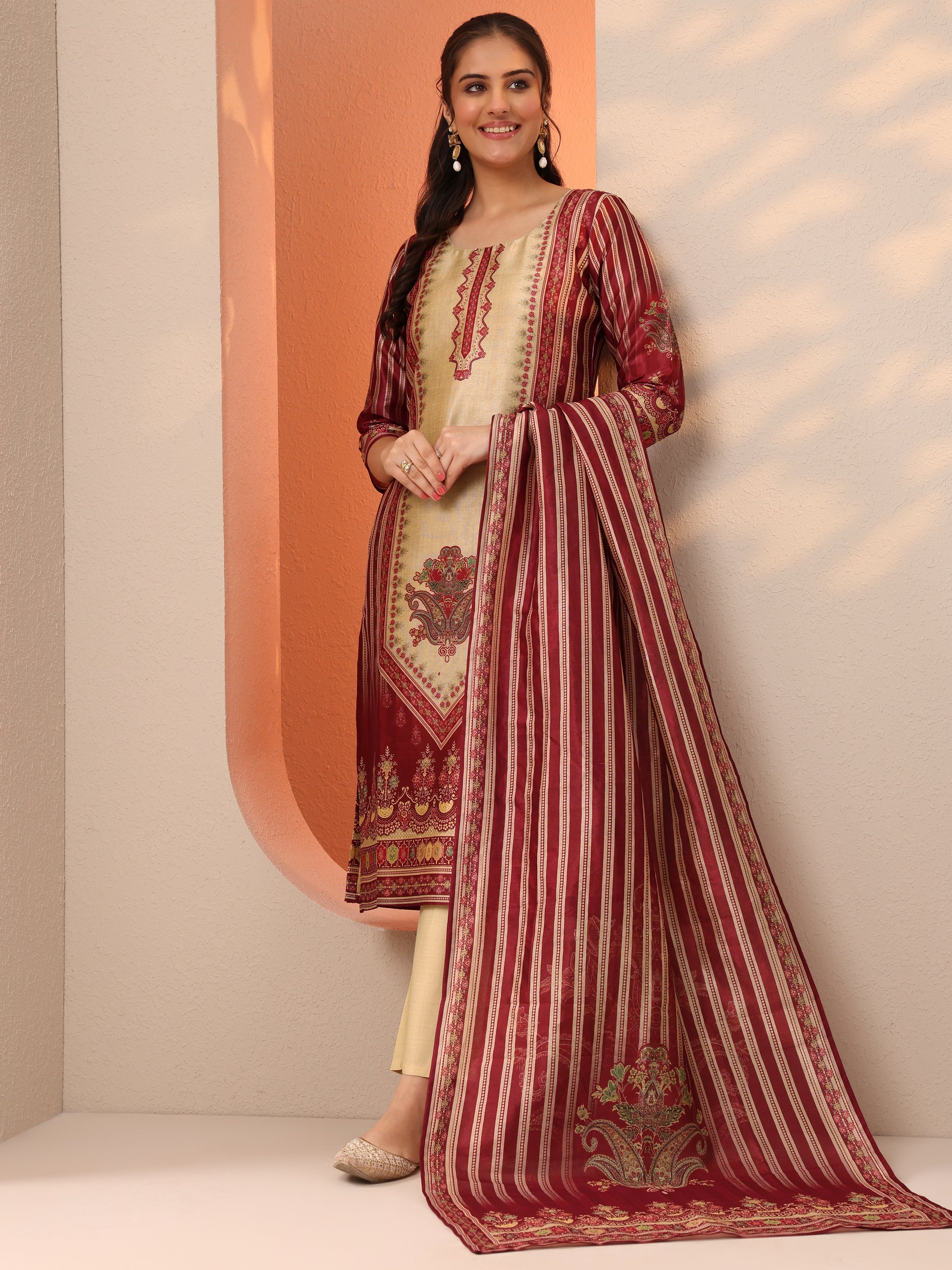 Beige Printed Silk Blend Straight Suit Set With Dupatta-image-38