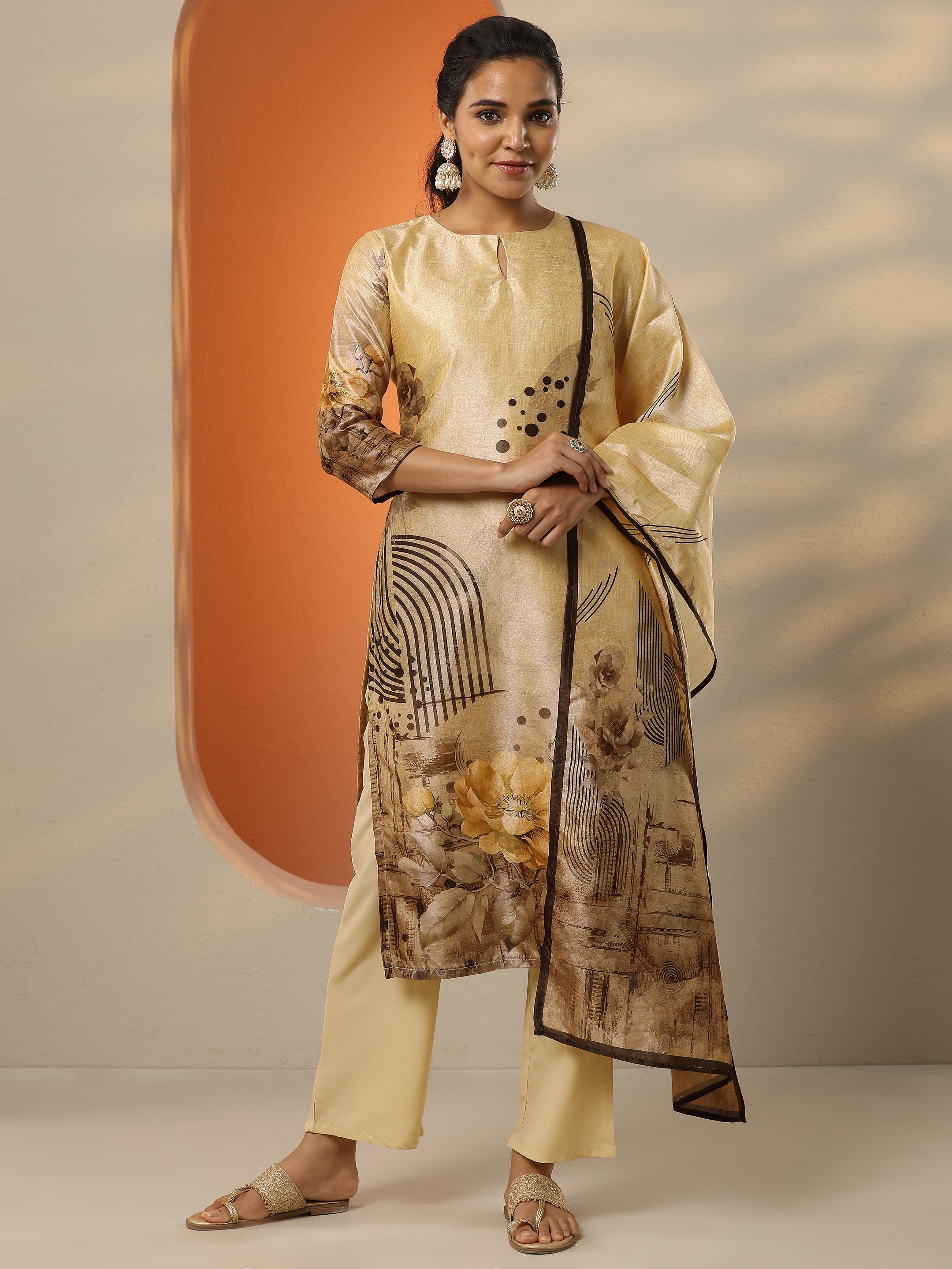 libas Beige Printed Silk Blend Straight Suit Set With Dupatta-picture-29