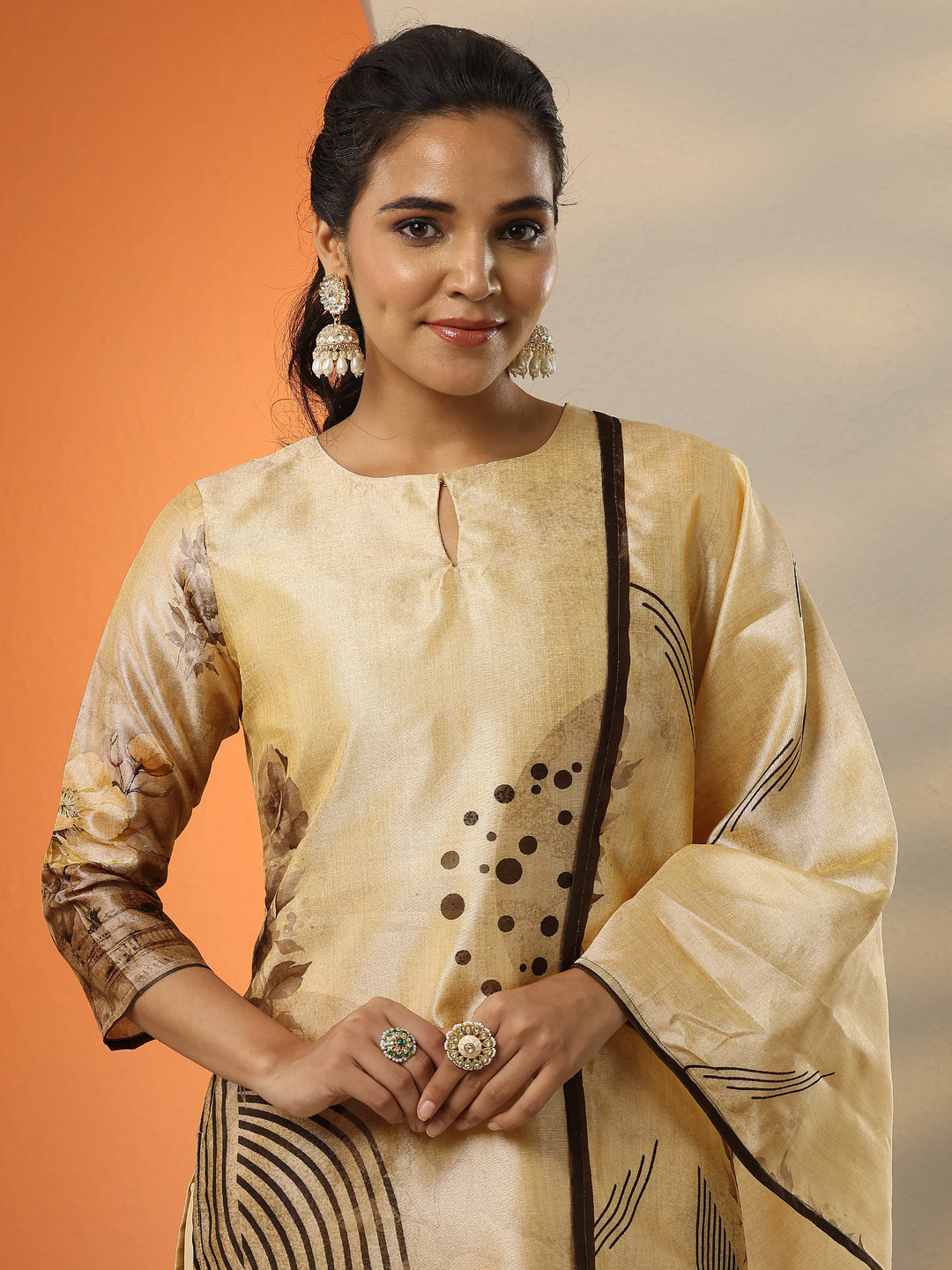  Beige Printed Silk Blend Straight Suit Set With Dupatta 