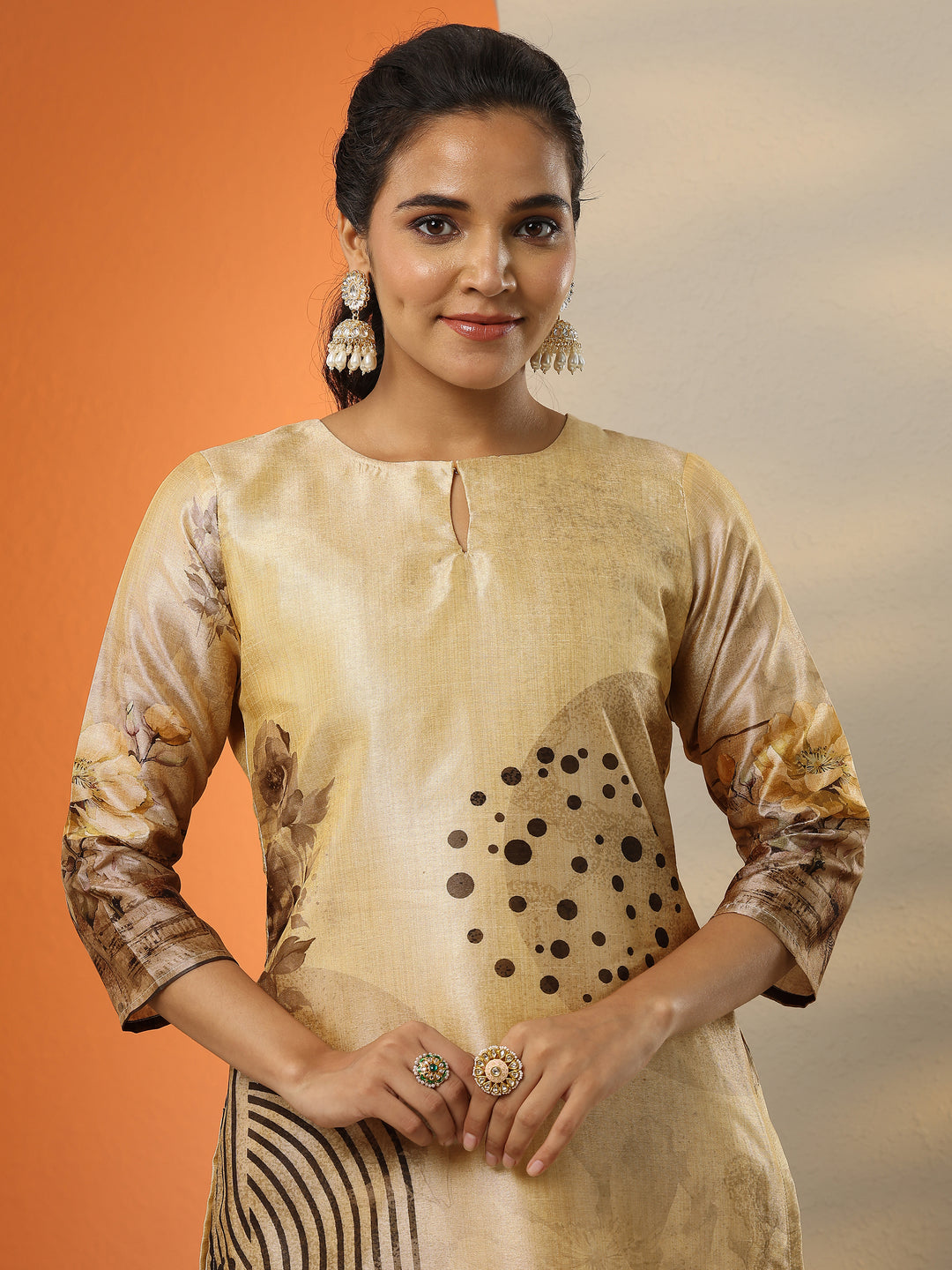  Beige Printed Silk Blend Straight Suit Set With Dupatta 