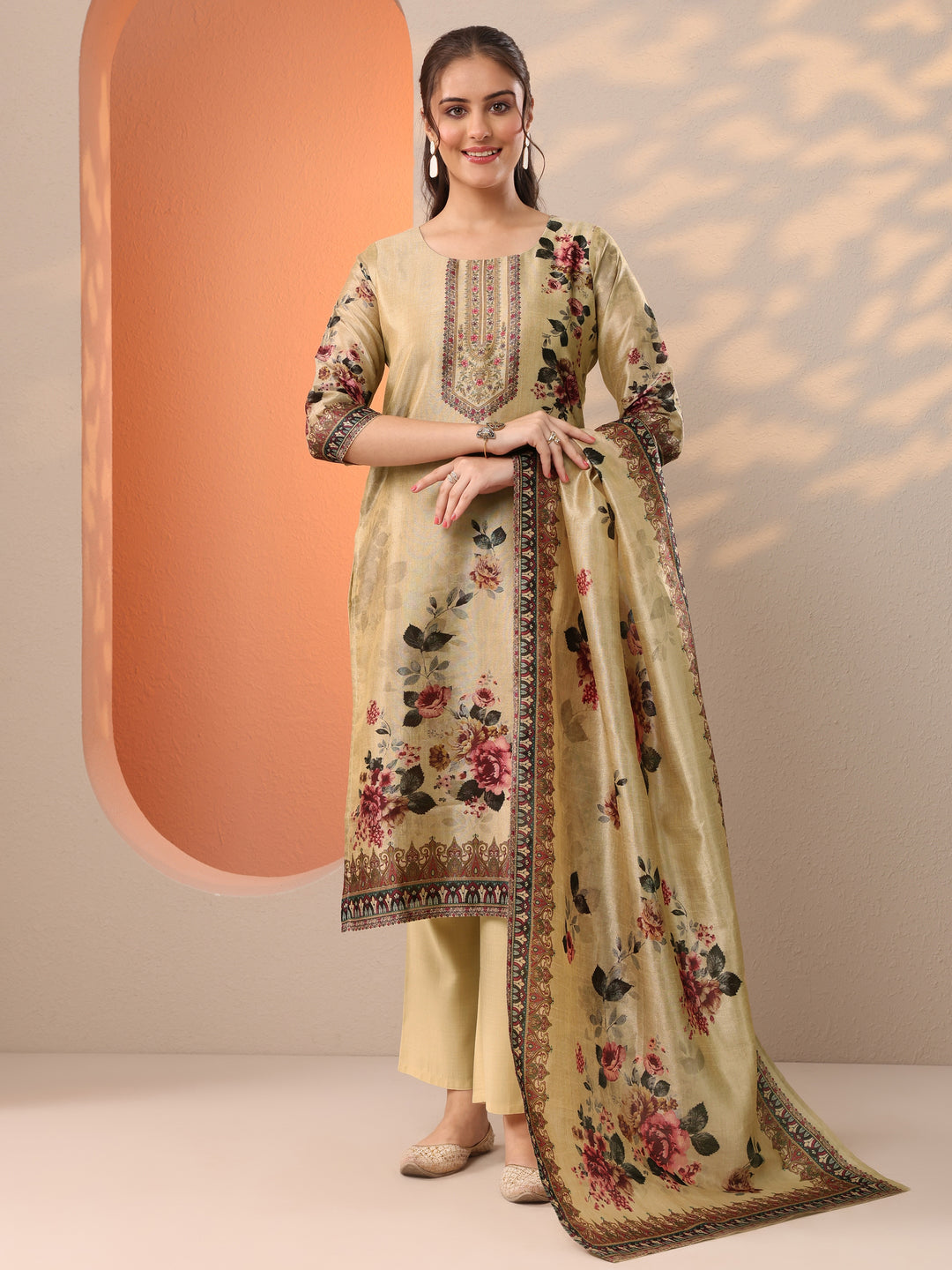  Beige Printed Silk Blend Straight Suit Set With Dupatta 