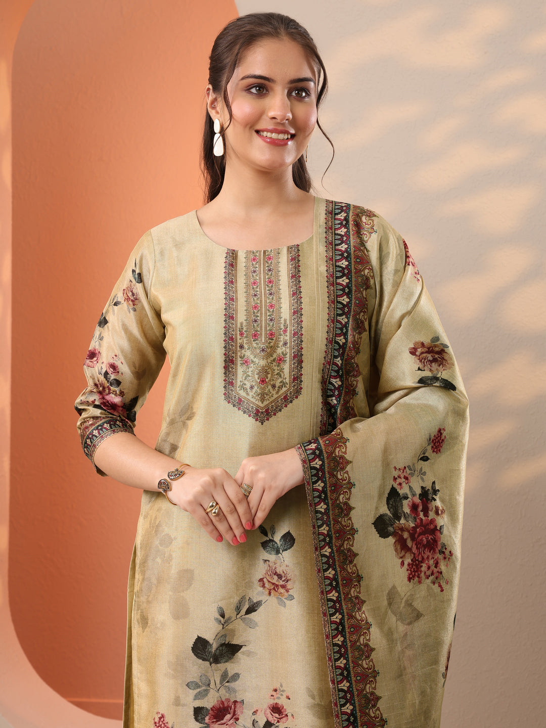 Beige Printed Silk Blend Straight Suit Set With Dupatta 