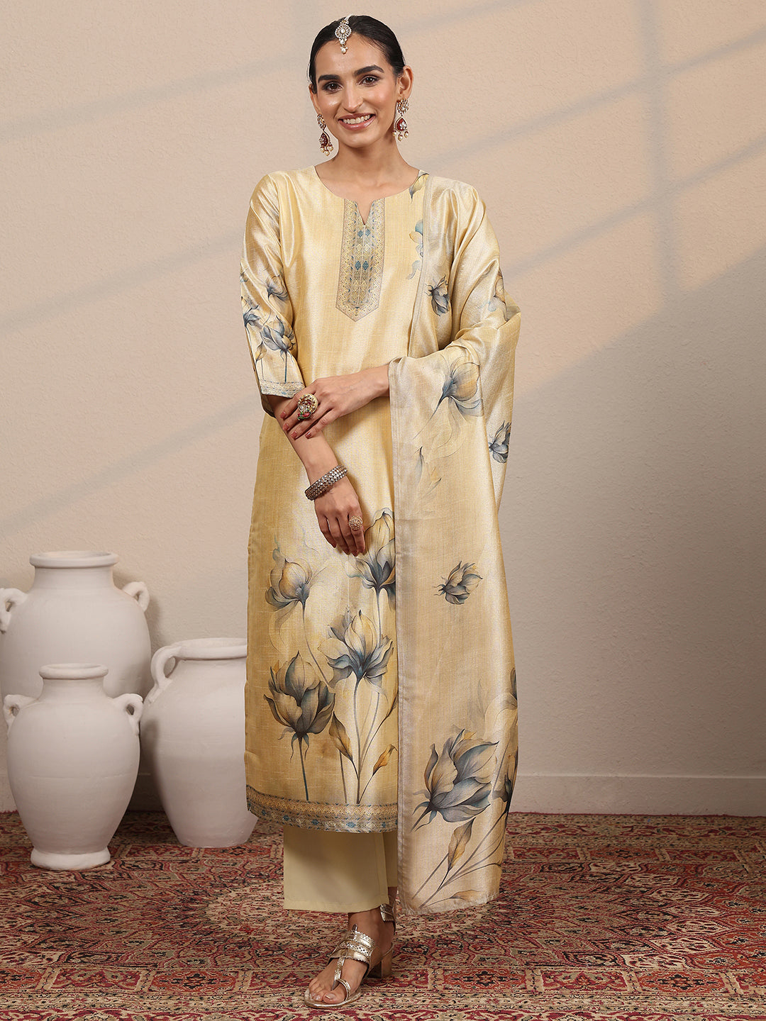 Beige Printed Silk Blend Straight Suit Set With Dupatta-image-21