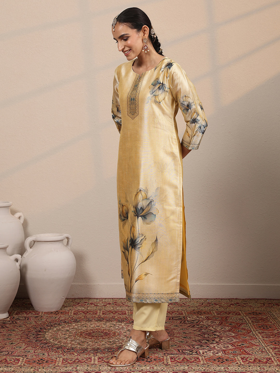 Beige Printed Silk Blend Straight Suit Set With Dupatta 