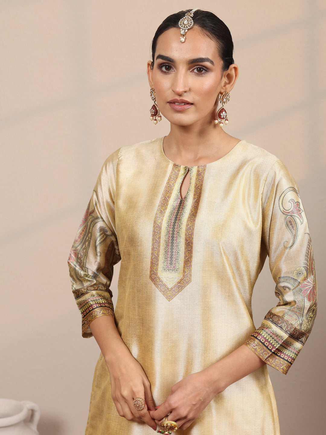  Beige Printed Silk Blend Straight Suit Set With Dupatta 
