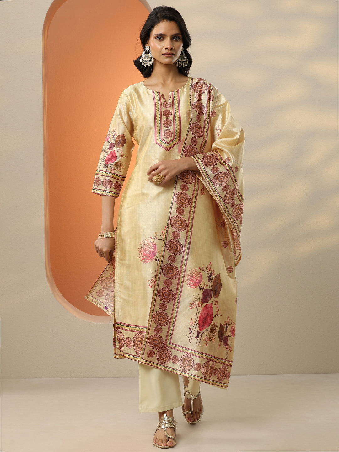 Beige Printed Silk Blend  Straight Suit Set With Dupatta