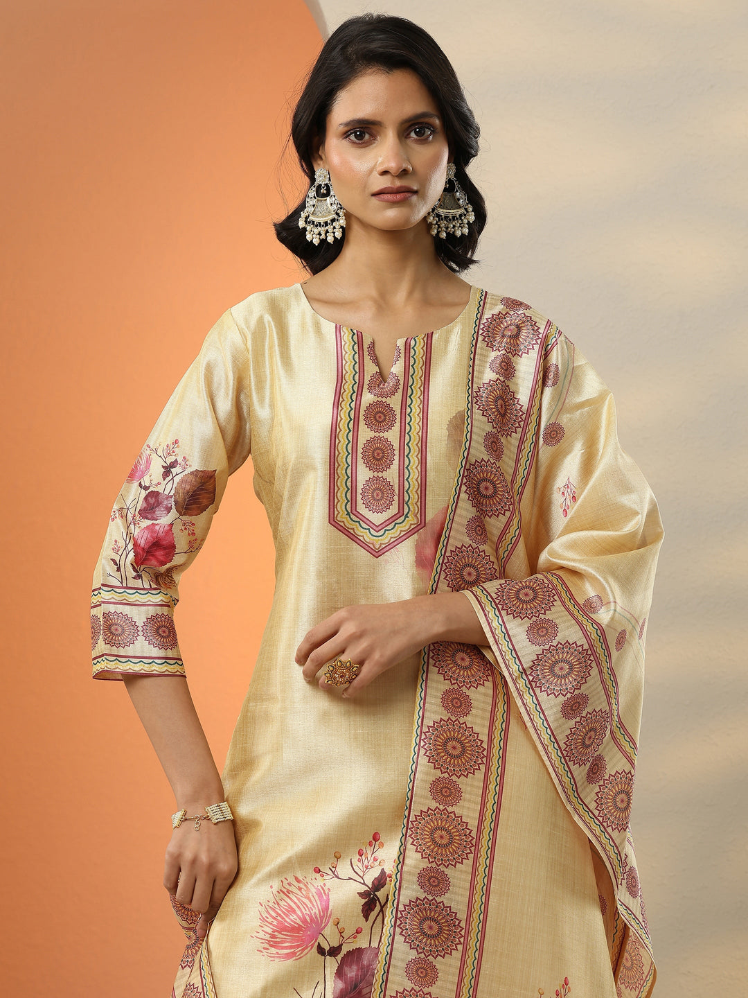  Beige Printed Silk Blend  Straight Suit Set With Dupatta 