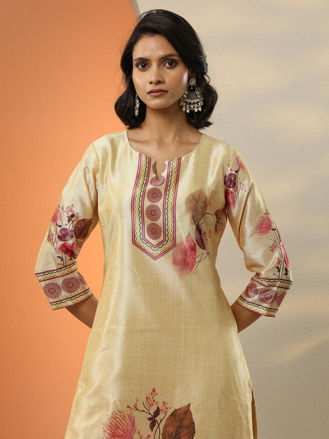  Beige Printed Silk Blend  Straight Suit Set With Dupatta 