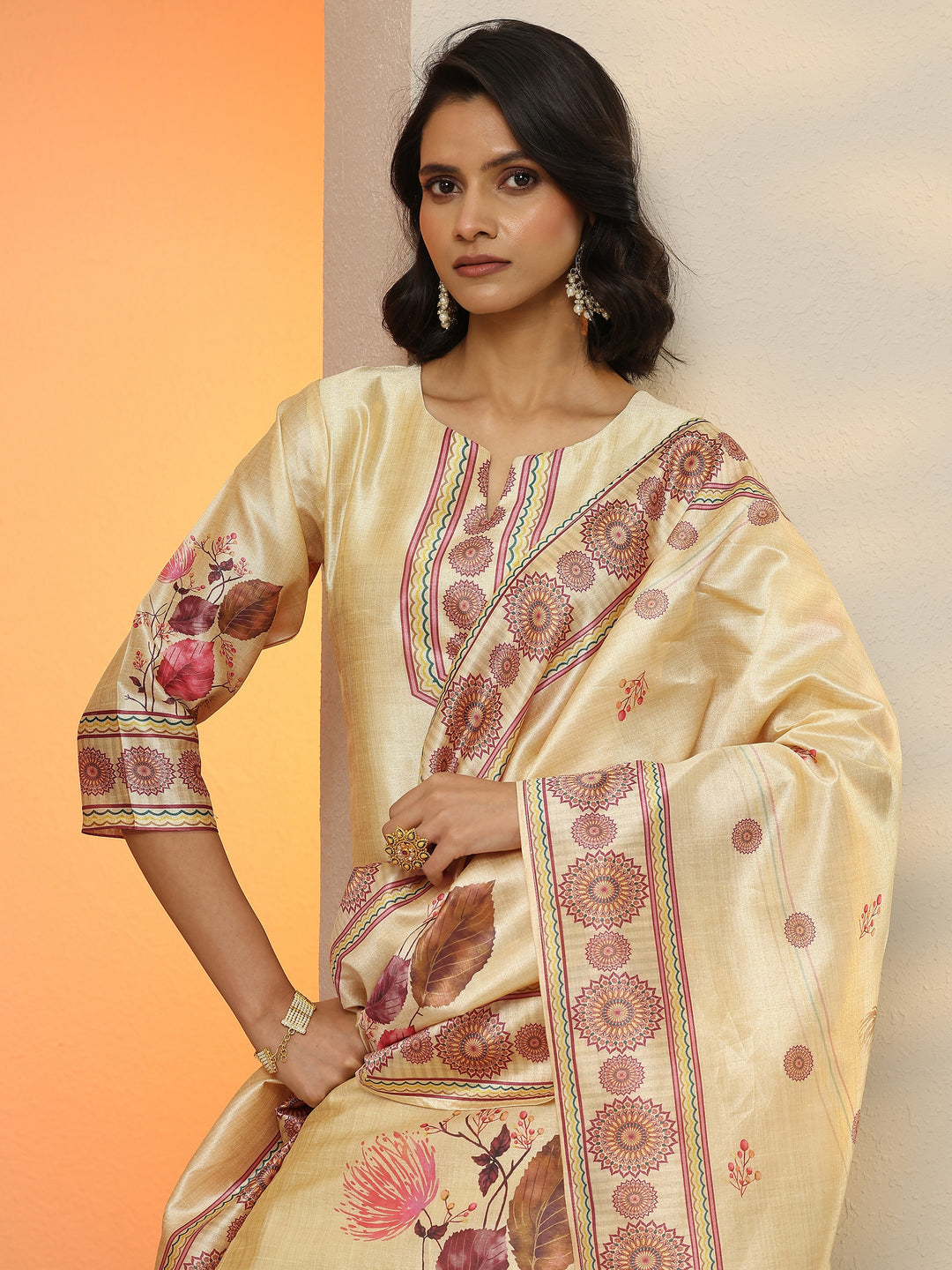  Beige Printed Silk Blend  Straight Suit Set With Dupatta 