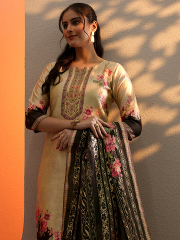 Beige Printed Silk Blend Straight Suit Set With Dupatta