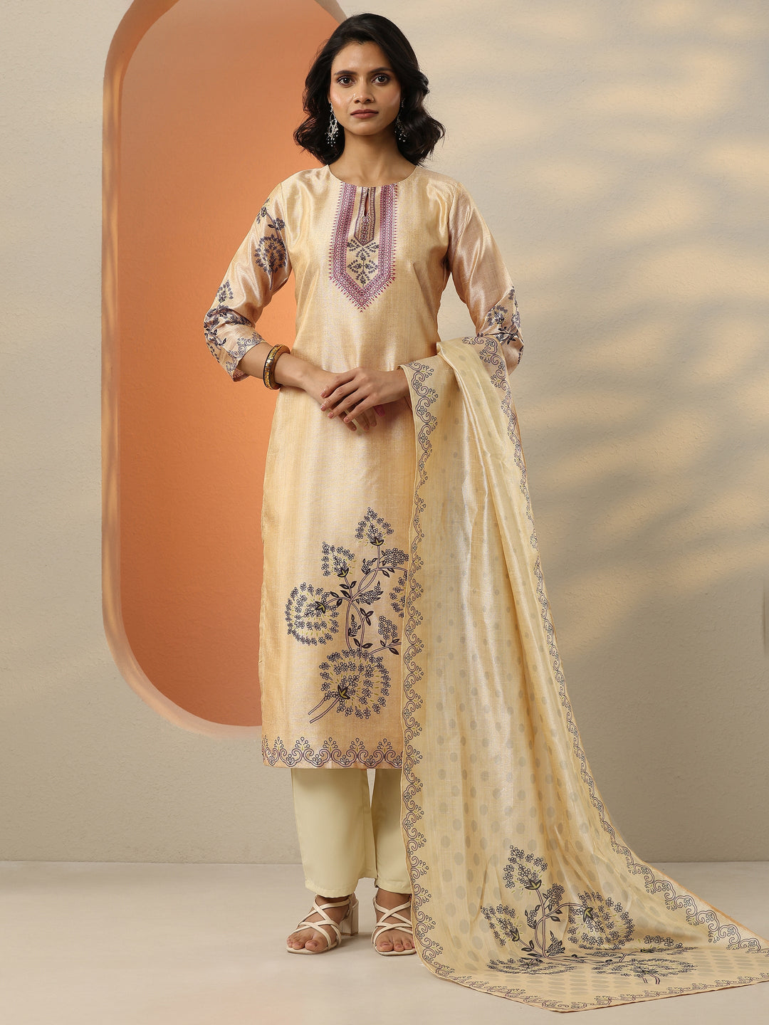 Beige Printed Silk Blend  Straight Suit Set With Dupatta