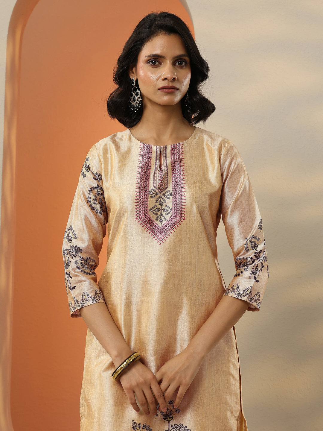  Beige Printed Silk Blend  Straight Suit Set With Dupatta 