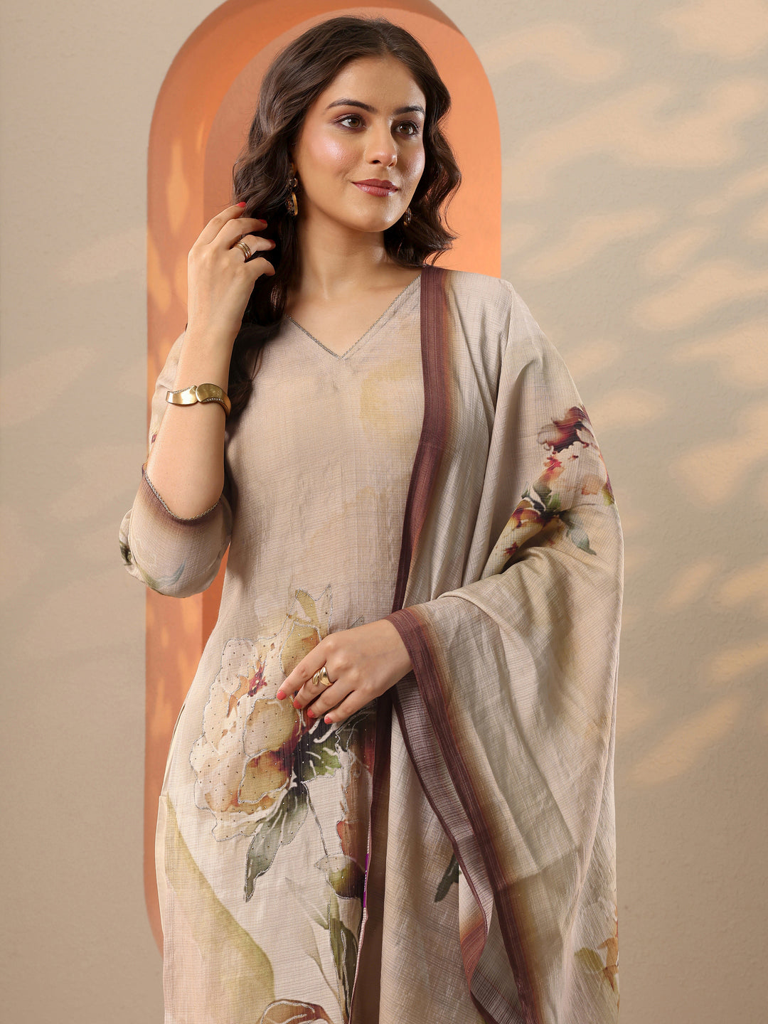  Beige Printed Silk Blend Straight Suit Set With Dupatta 