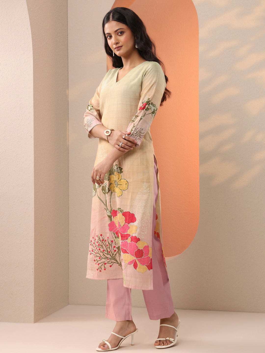  Beige Printed Silk Blend Straight Suit Set With Dupatta 