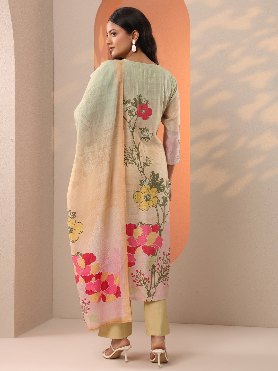  Beige Printed Silk Blend Straight Suit Set With Dupatta 