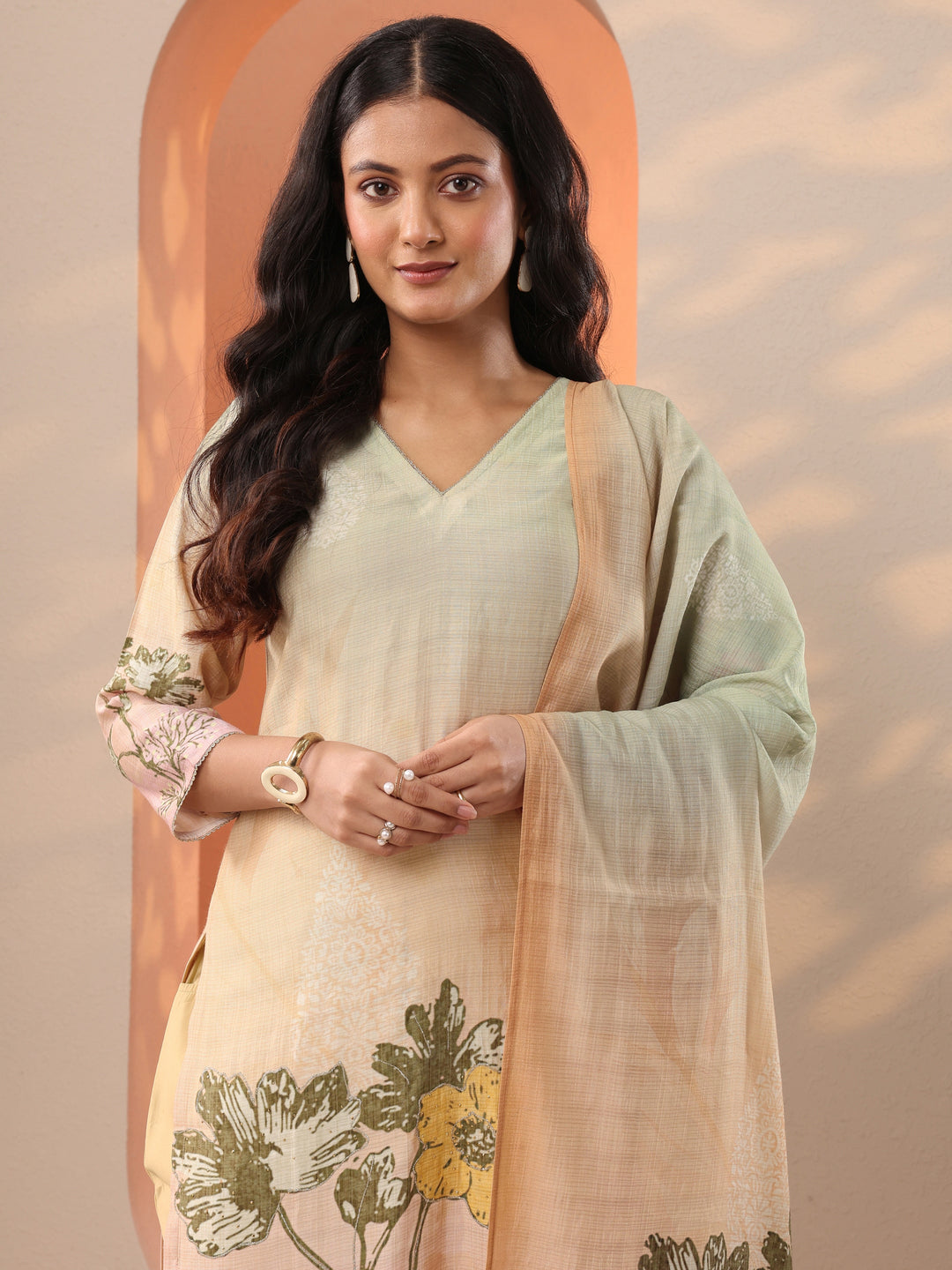  Beige Printed Silk Blend Straight Suit Set With Dupatta 
