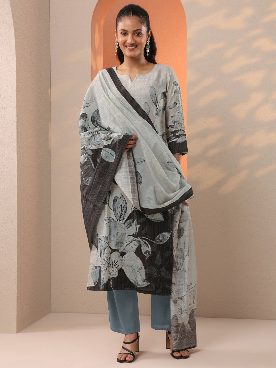  Grey Printed Silk Blend Straight Suit Set With Dupatta 