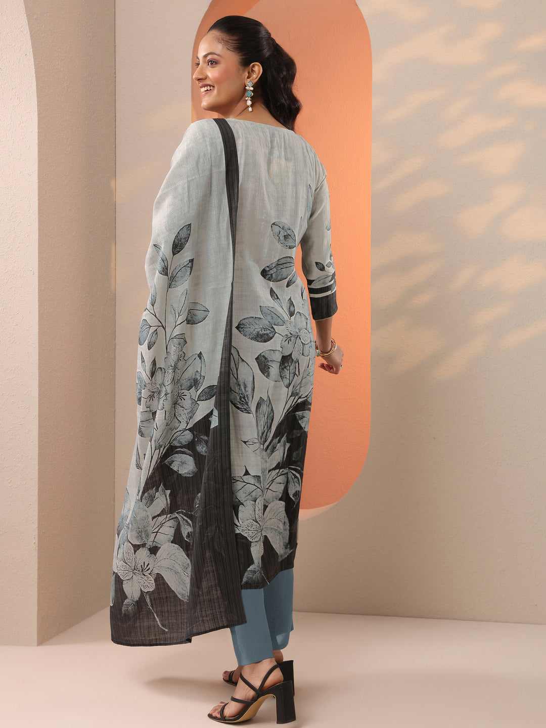  Grey Printed Silk Blend Straight Suit Set With Dupatta 