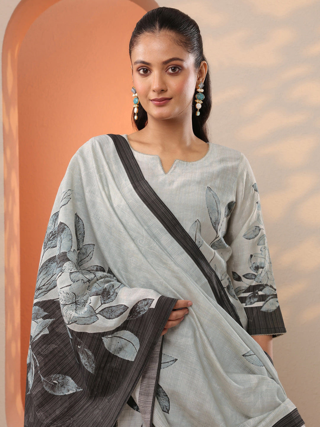  Grey Printed Silk Blend Straight Suit Set With Dupatta 