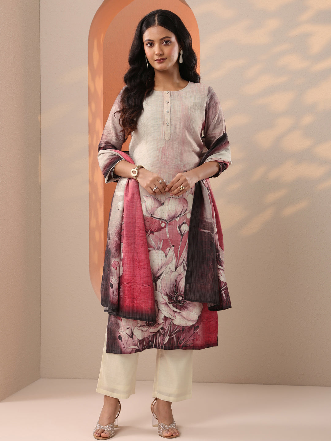  Beige Printed Silk Blend Straight Suit Set With Dupatta 