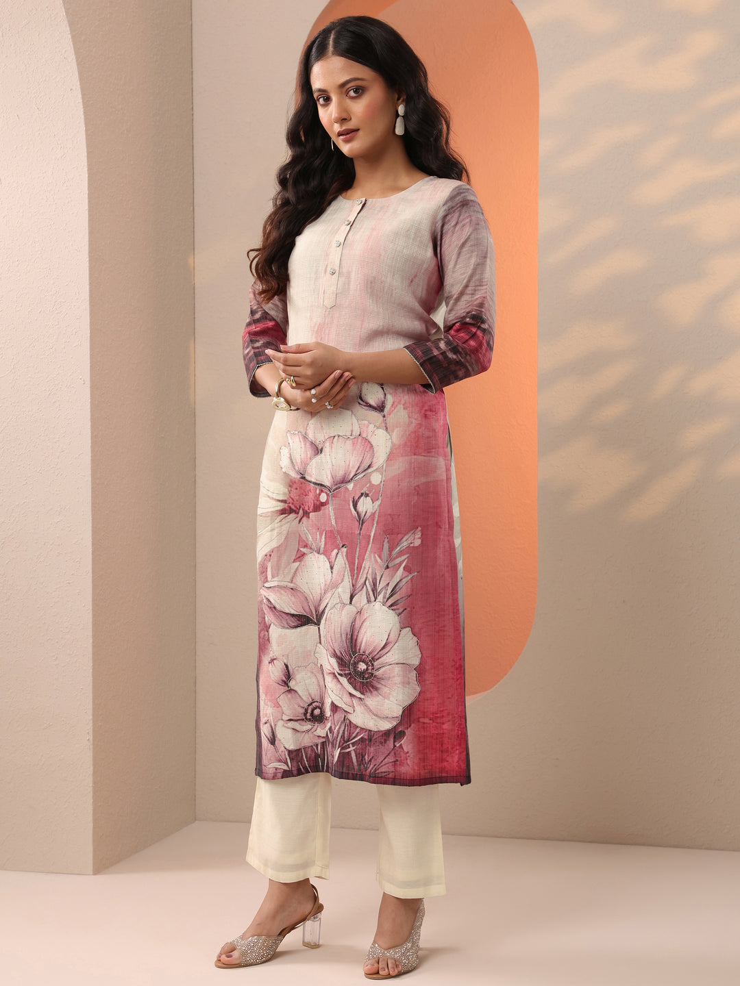  Beige Printed Silk Blend Straight Suit Set With Dupatta 