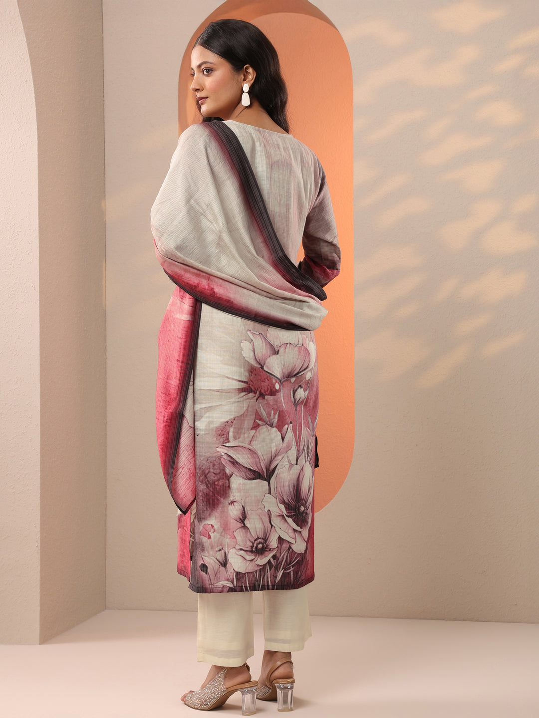  Beige Printed Silk Blend Straight Suit Set With Dupatta 