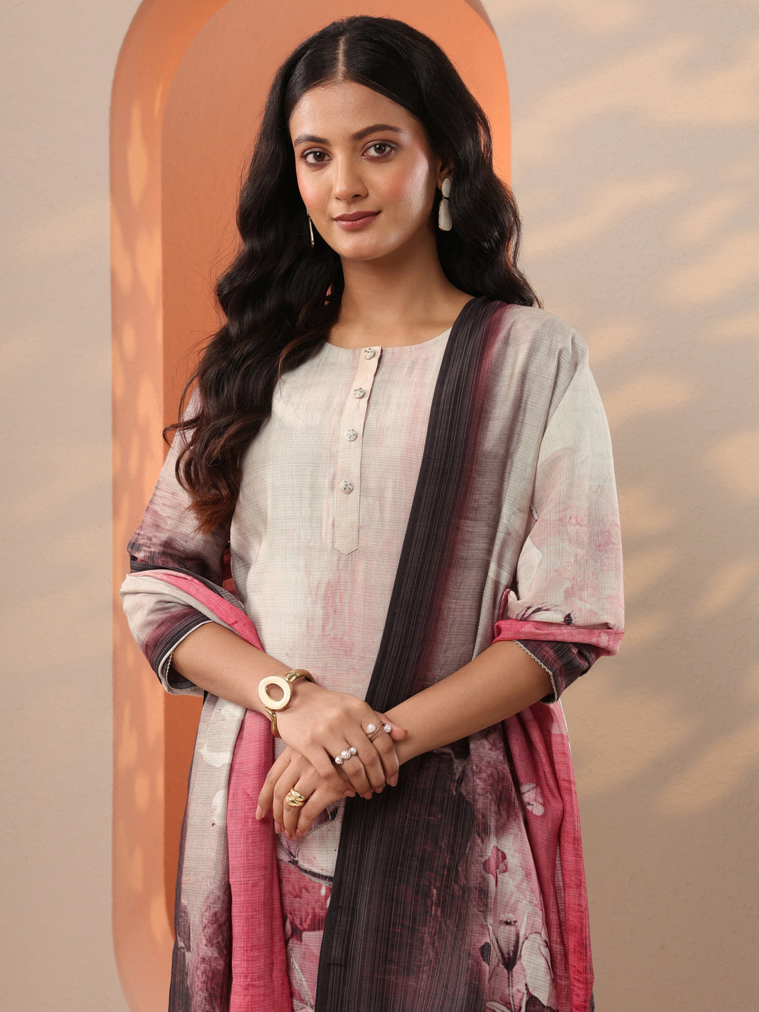  Beige Printed Silk Blend Straight Suit Set With Dupatta 